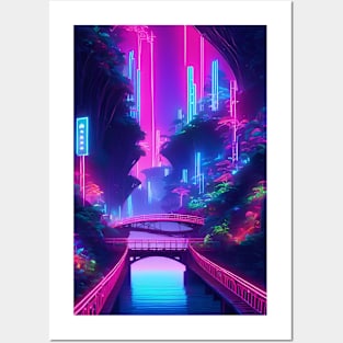 Neon bridge in future japan Posters and Art